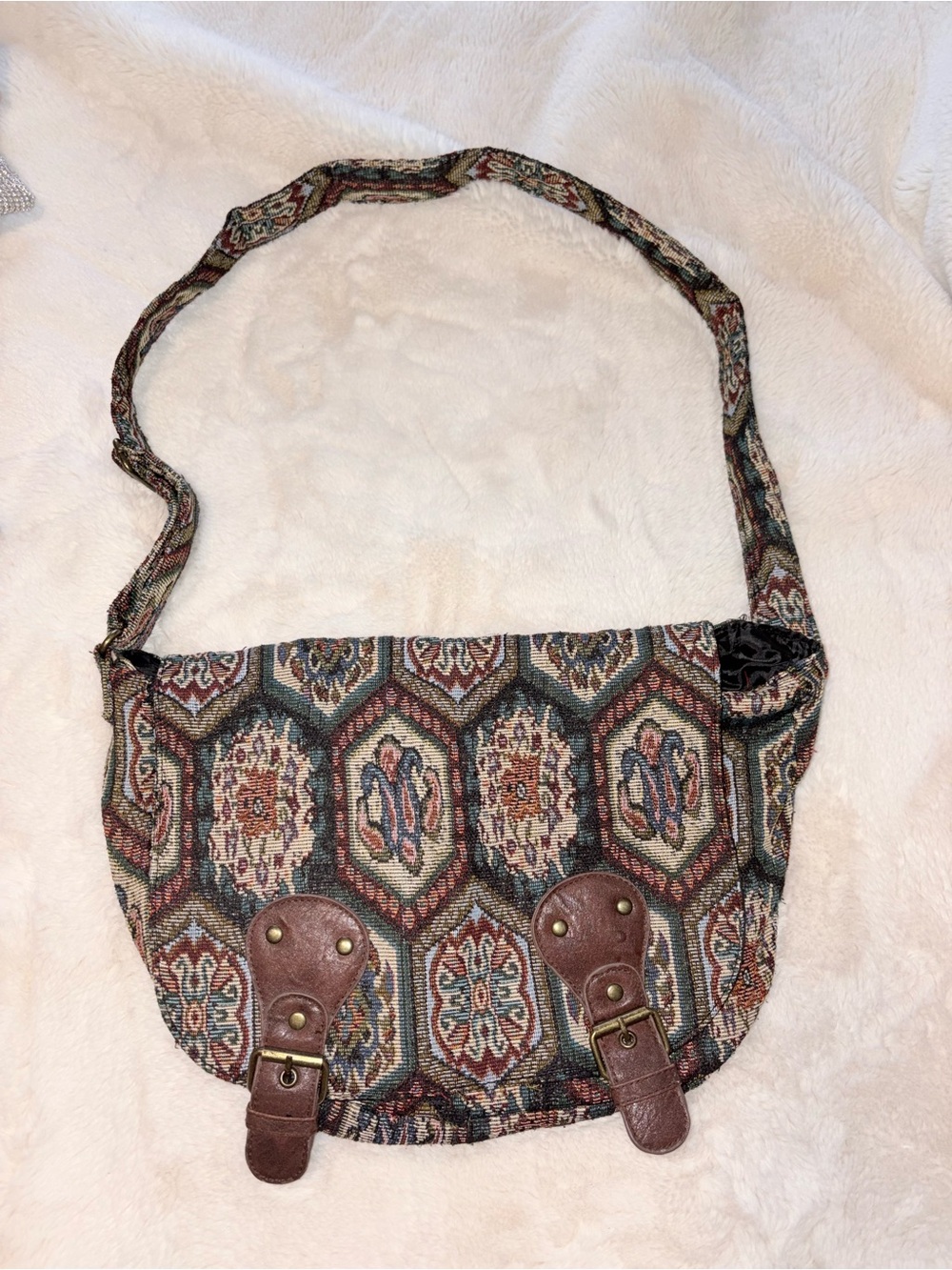 Woven Pattern Crossbody Bag with Brown Trim